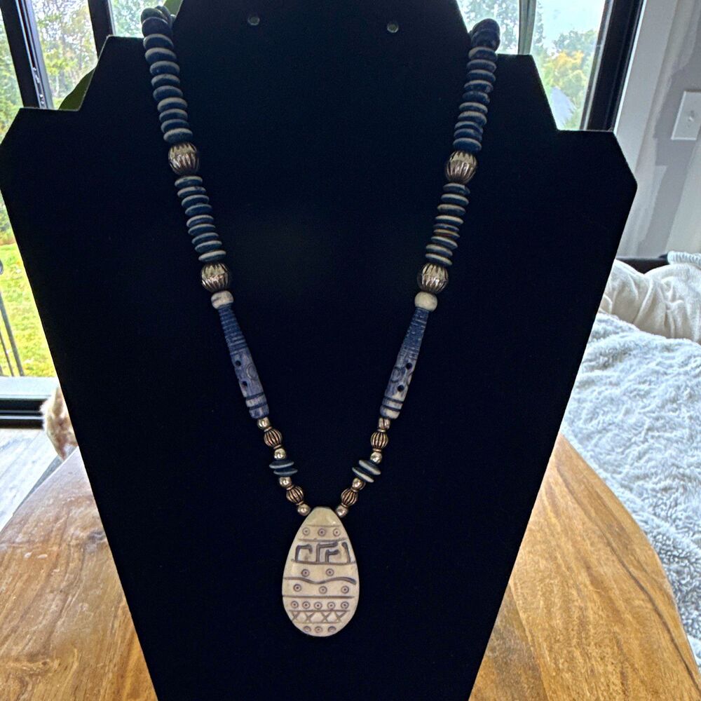 Vintage Tribal Southwestern Necklace Silver Blue Beaded Carved Denim Dyed